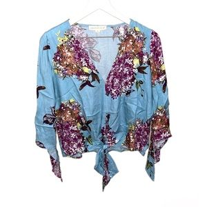 Lovestitch Aqua and Floral Deep V-Neck Top